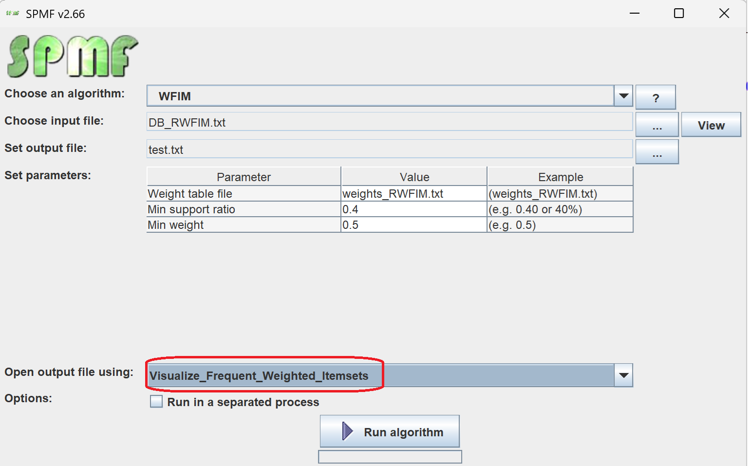 visualize frequent weighted itemsets selection